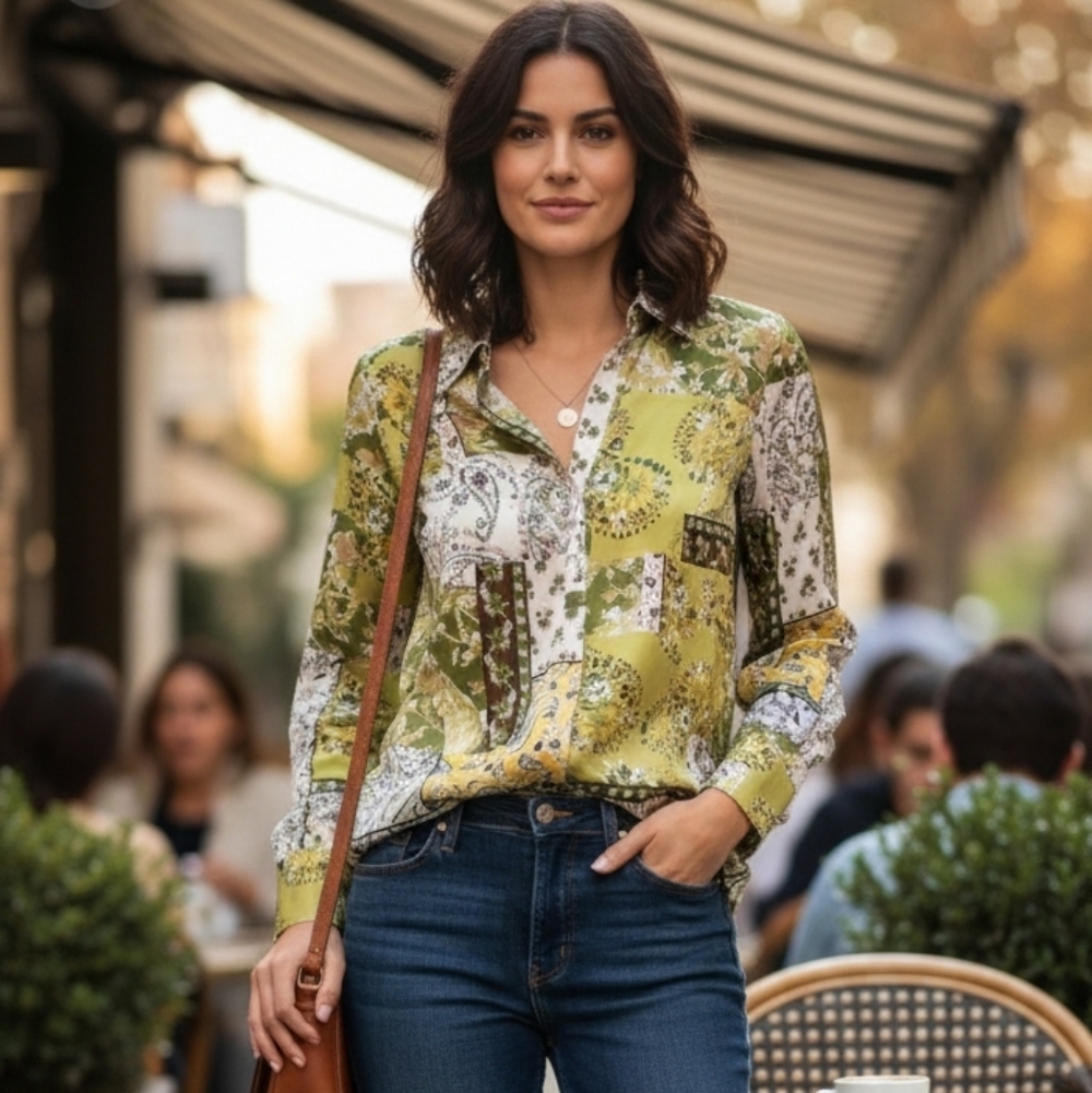 {Joie} Green Floral Popover Blouse Top - Size Small